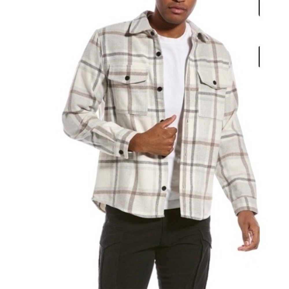 Magaschoni Plaid Fleece Shacket Cream Gray Brown Button Front Size L